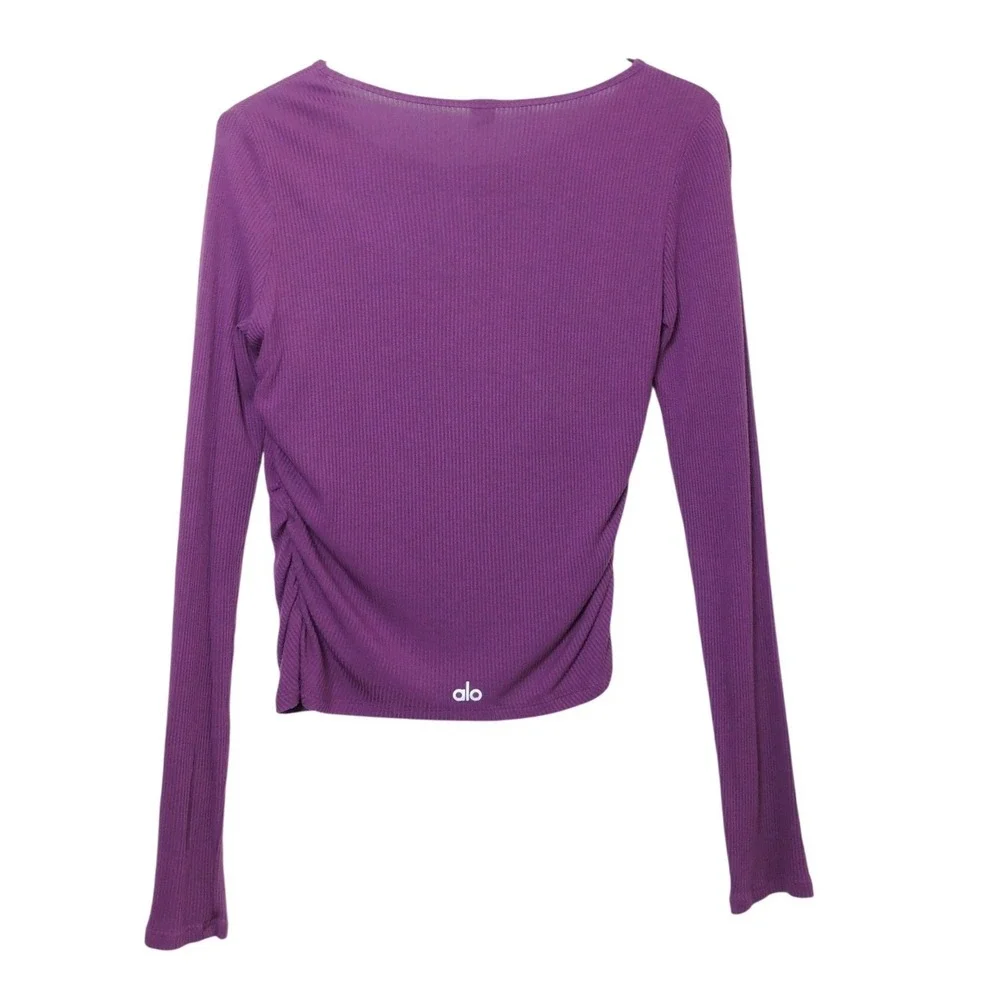 Alo Yoga Gather Long Sleeve Top Dark Plum Purple Ribbed‎ Ruched Size Large